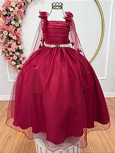 Vestido Infantil Longo Marsala C/ Aplique de Borboletas Festas