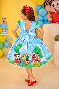 Vestido Infantil Azul Claro Turma da Mônica Festas Mangas Verdes