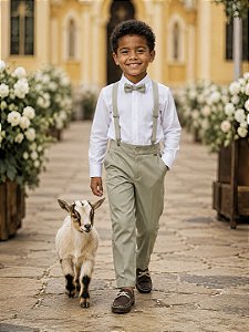 Conjunto Social Pajem Camisa Branca com Calça e Susp.Bege