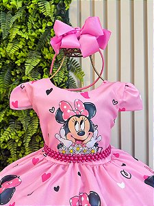 Vestido Infantil Minnie Rosa de Festa para Menina Margaridas