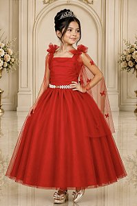 Vestido Infantil Longo Vermelho C/ Aplique de Borboletas Festas