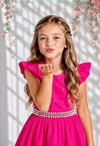 Vestido Longo Daminhas, Infantil Pink em Poliéster, Nervura com Pérolas
