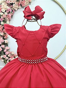 Vestido Longo Daminhas, Infantil Vermelho em Poliéster, Nervura com Pérolas e Cinto