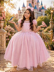 Vestido Infantil Longo Rosa Busto Renda e Bordado Damas Luxo