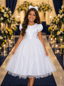 Vestido Infantil Branco Acetinado Daminha Festas Luxo
