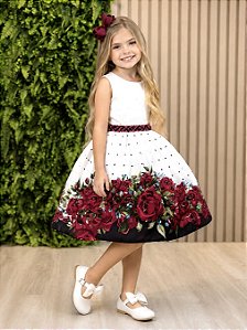 Vestido Infantil Off White Florido Marsala Busto Strass Festa