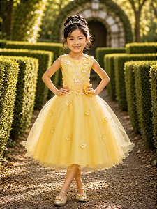Vestido Infantil Amarelo Rendado Luxo Flores em Aplique