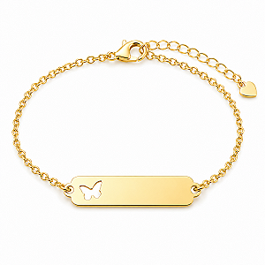 Pulseira Infantil Borboleta Personalizada com Nome Gravado a Laser Banhada a Ouro