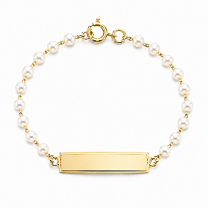 Pulseira Infantil Plaquinha com Pérolas Personalizada com Nome Gravado a Laser Banhada a Ouro