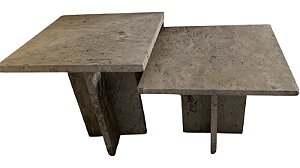 Trio de Mesinhas Laterais em Mármore Travertino 45x45cm - 42x40cm (peça menor)