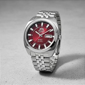 Relógio Orient Automático 3 Estrelas Vermelho Aço Inoxidável Resistente À Água Prateado