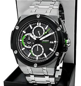 Relógio Orient Masculino Solar Tech Prateado Calendário Com Iluminator Mbssc258p1sx Preto