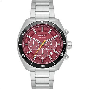 Relógio Orient Neo Sports Cronógrafo Solartech Mbssc286 V1sx Correia Prateado Bisel Preto Fundo Vermelho