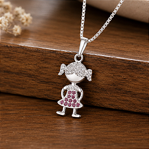 Pingente Menina Filha de Prata 925 com Zircônias Rosa e Branco