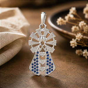 Pingente Nossa Senhora Aparecida de Prata 925 Zircônias Azuis