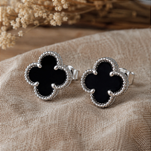 Brinco de Trevo de Prata 925 Alhambra pedra Ônix estilo Van Cleef