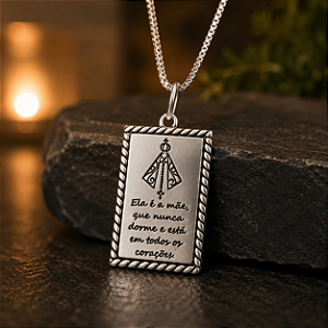 Pingente Nossa Senhora Aparecida de Prata 925 retangular com Frase