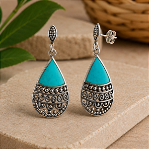 Brinco Arabesco Turquesa de Prata 925 Oval detalhe Vazado