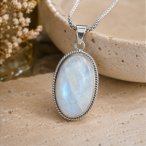 Pingente Oval de Prata 925 Pedra da Lua estilo Bali