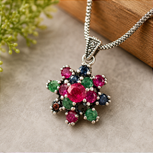 Pingente Flor de Prata 925 com Rubi Safira Esmeralda Bali