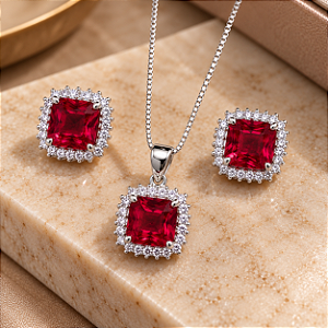 Conjunto Quadrado de Prata 925 com Rubí e Zircônias