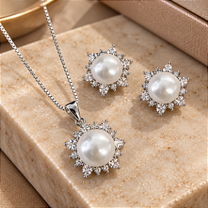 Conjunto Pérola de Prata 925 com Zircônias externas