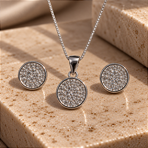 Conjunto Redondo de Prata 925 cravejado de Zircônias