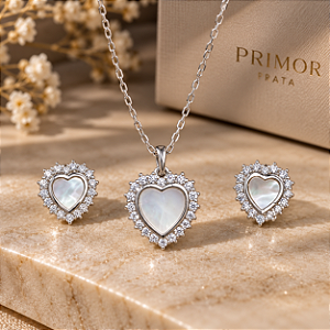 Conjunto Coração de Prata 925 com Madrepérola e Zircônias