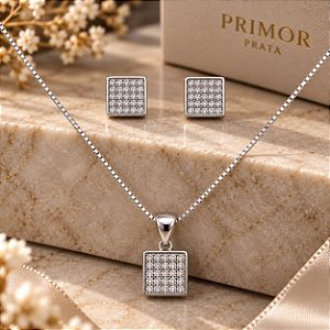 Conjunto Quadrado de Prata 925 cravejado de Zircônias