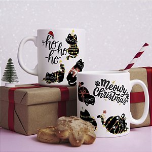 Caneca Natalina de Gato “Meowy Christmas – Ho Ho Ho” | Porcelana 325 ml | 1 Unidade – Fenari