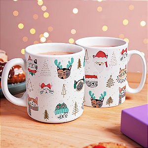 Caneca Natalina de Gatos com Estampa Divertida | Porcelana 325 ml | 1 Unidade – Fenari