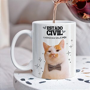 Caneca de Gato Divertida “Estado Civil: Varreram Meus Pés” – Modelo Masculino | Porcelana 325 ml | 1 Unidade – Fenari