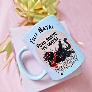 Caneca Natalina de Gato “Feliz Natal, Povo Bonito por Dentro” | Porcelana 325 ml | 1 Unidade – Fenari