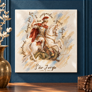 Azulejo Decorativo São Jorge “Enfrentando um Dragão por Dia, em Sua Companhia a Gente Segue” 20x20 cm – Fenari - 1 Unidade