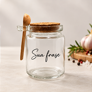 Pote de Vidro Personalizado com Frase, Colher de Madeira e Tampa de Rolha 250ml - 1 unidade - Fenari