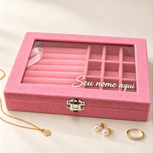 Porta-Joias Rosa com Visor de Vidro Personalizado Com Seu Nome - 20 × 15 × 4 cm - 1 unidade - Fenari