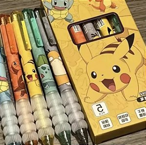 Kit 5 Canetas Escolar Personagens Pokémon