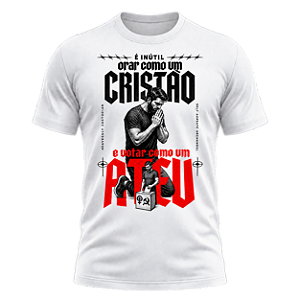 Camiseta É Inútil Orar como um Cristão e Votar como um Ateu