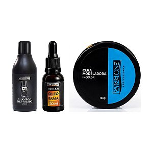 Kit Barbearia Essencial - Shampoo Mentolado + Óleo de Barba + Cera Incolor