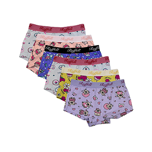 Kit 6 Calcinhas Boxer Infantil Feminino em Algodão Estampadas