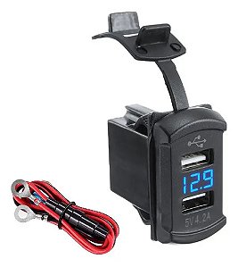 Tomada Usb Veicular 12/24v 2 Saídas Voltímetro Azul Retang.