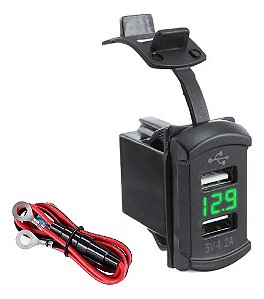 Tomada Usb Veicular 12/24v 2 Saídas Voltímetro Verde Retang.