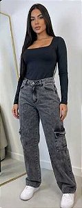 Calça Cargo Jeans Acid Wash Cinza