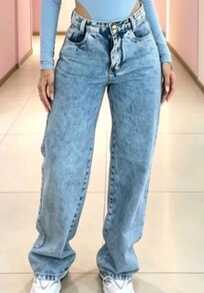 Calça Jeans Wide Leg Feminina Acid Wash