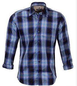 Camisa Masculina Made in Mato Xadrez ML Grafite com Azul