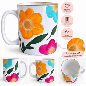 Caneca de Porcelana Pintada à Mão — Flores Coloridas
