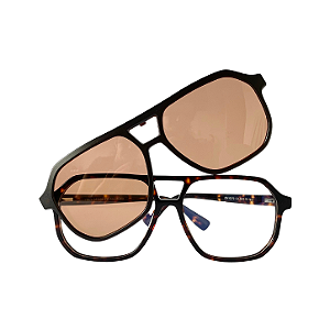 Armação de Óculos de Grau com Clip Solar Unissex Aviador Novi Acetato Tartaruga com Lente Cosmética Laranja