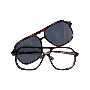 Armação de Óculos de Grau com Clip Solar Unissex Aviador Novi Acetato Tartaruga com Lente Cosmética Azul