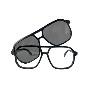 Armação de Óculos de Grau com Clip Solar Unissex Aviador Novi Acetato Preto com Lente Cinza