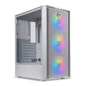GABINETE GAMER MANCER NAROK V2, RAINBOW, MID-TOWER, LATERAL DE VIDRO, COM 6 FANS RGB ESTATICO , BRANCO
